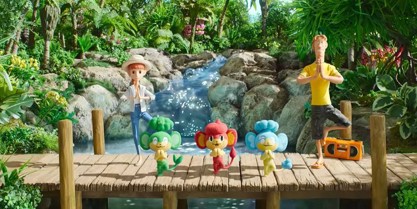 Pokemon Concierge Haru с Тилером, занимающимся йогой с тремя обезьянными Pokémon.