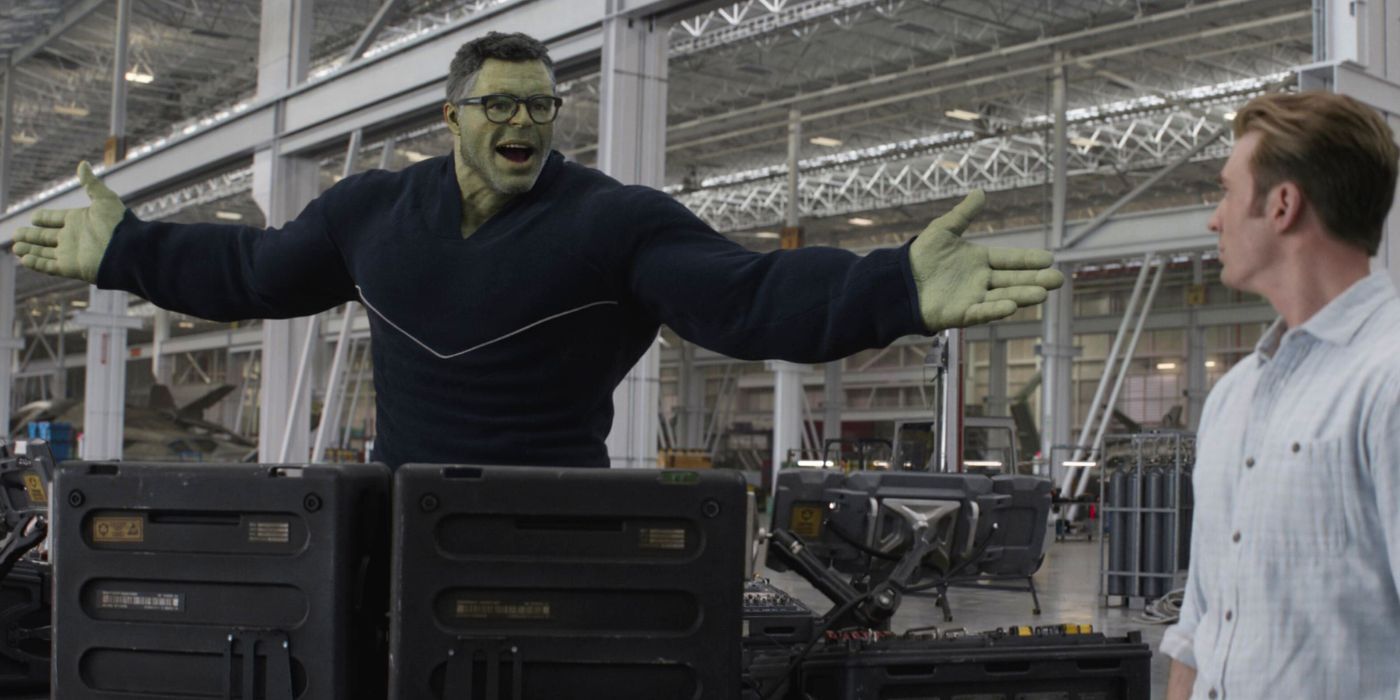 Professor Hulk (Mark Ruffalo) smiles at Steve Rogers (Chris Evans) in Avengers Endgame