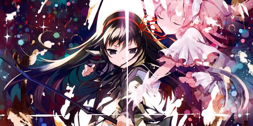 Puella Magi Madoka Magica promotional official art, featuring main character Homura shooting a bow while Madoka is watching over her