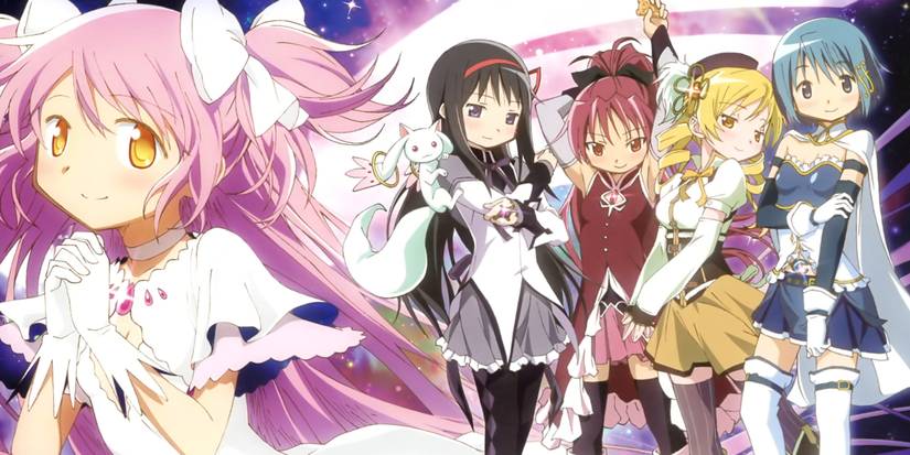 10 Anime Under 100 Episodes That Are Outright Masterpieces 2 Puella Magi Madoka Magica promotional official art, featuring main character Madoka in the background, seemingly praying for her friends Homura, Kyouko, Sayaka, and Mami