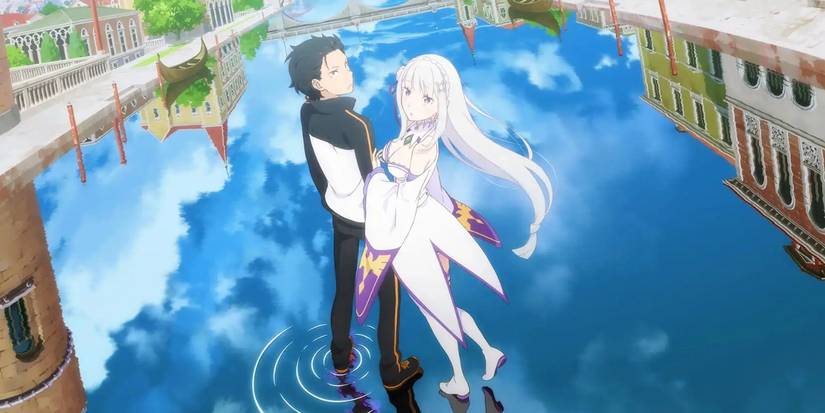 ReZERO -Starting Life in Another World- Emilia and Subaru standing on the water that reflects thje sky, with a bridge in the background