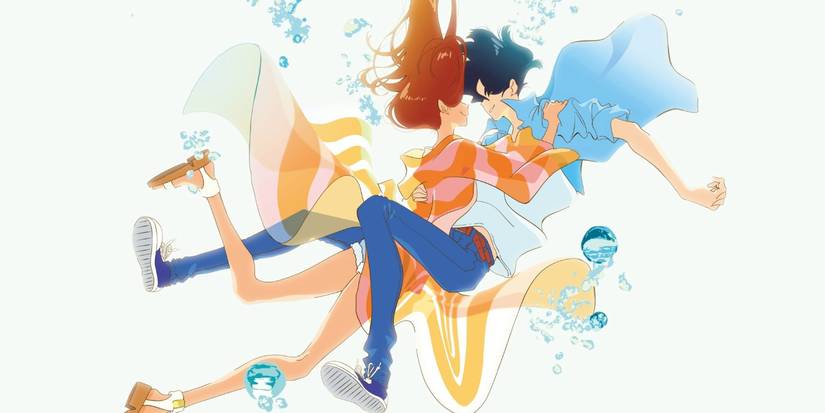 Ride Your Wave Minato and Hinako hugging with bubbles around them