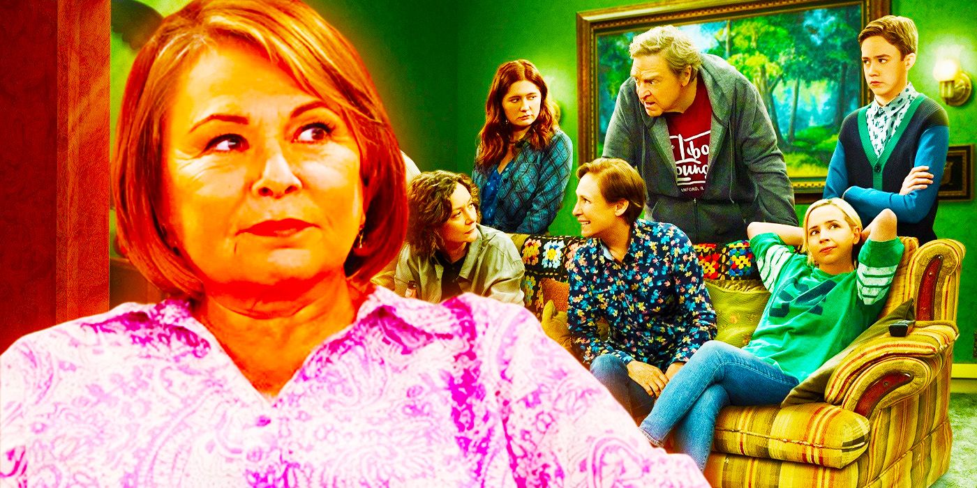 Roseanne Barr next to The Conners season 6 poster
