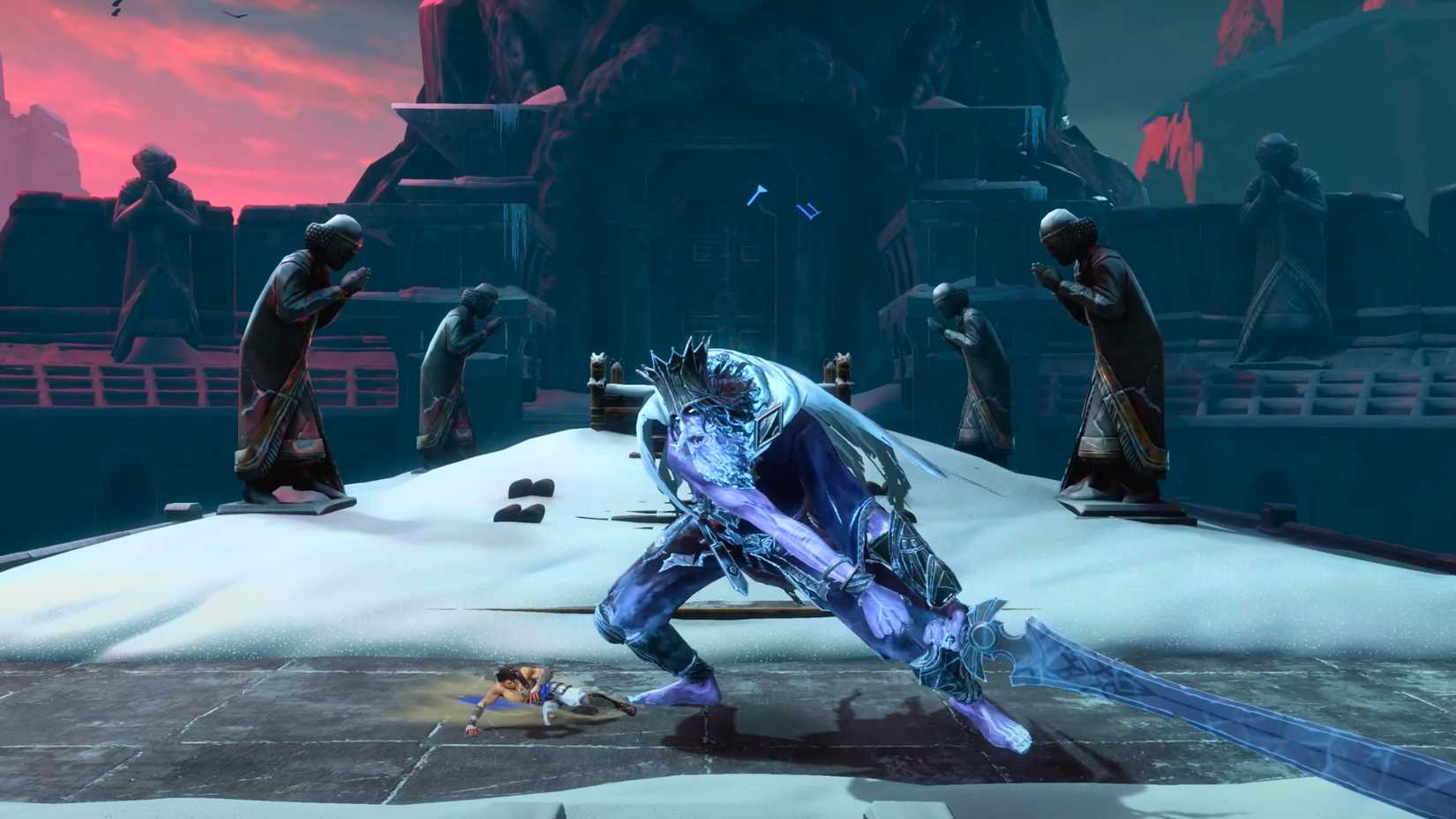 Sargon fighting a large boss enemy in Prince of Persia_ The Lost Crown