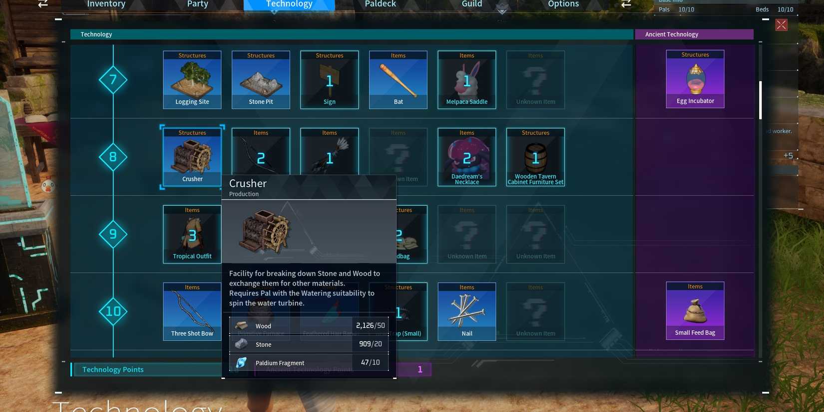 The Crusher upgrade in Palworld's Technology Tree.