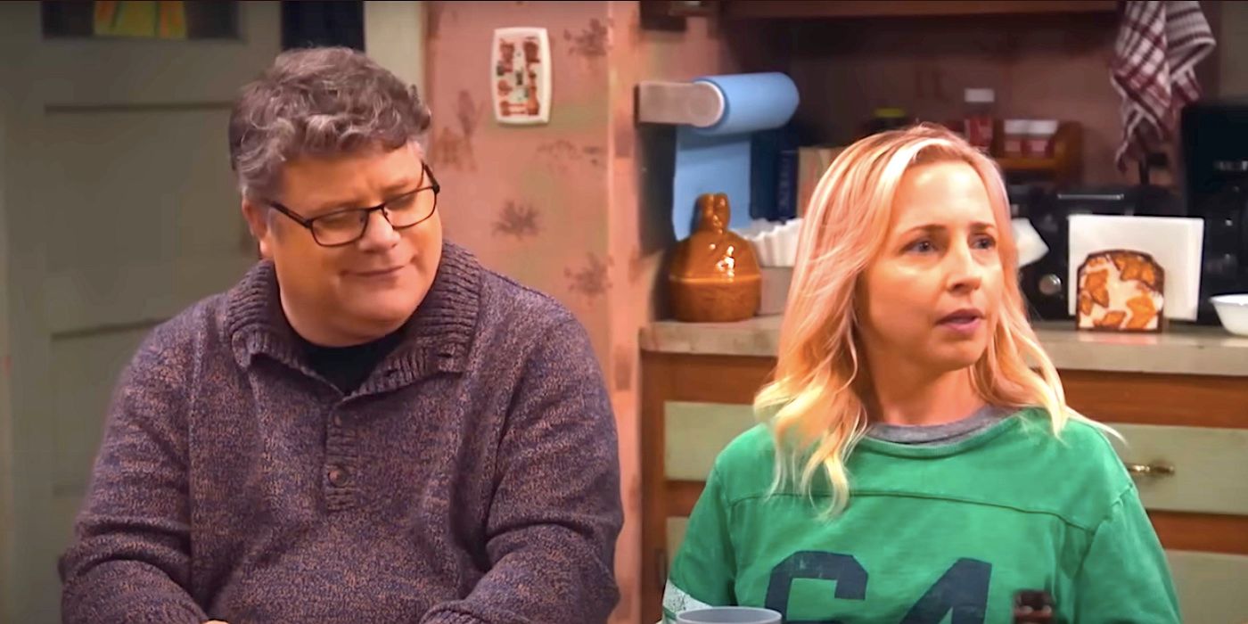 Sean Astin's Tyler smiles as Lecy Goranson's Becky looks concerned in The Conners season 7 trailer