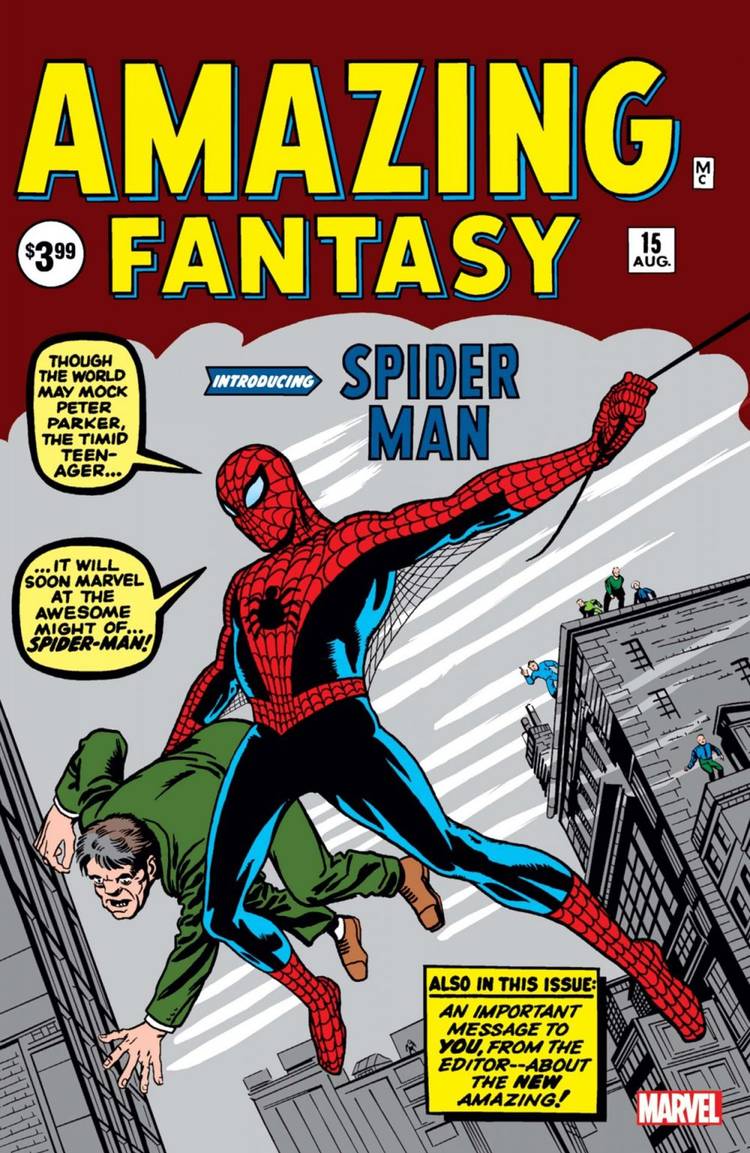 Comic book cover: Spider-Man's first appearance swinging in Amazing Fantasy.