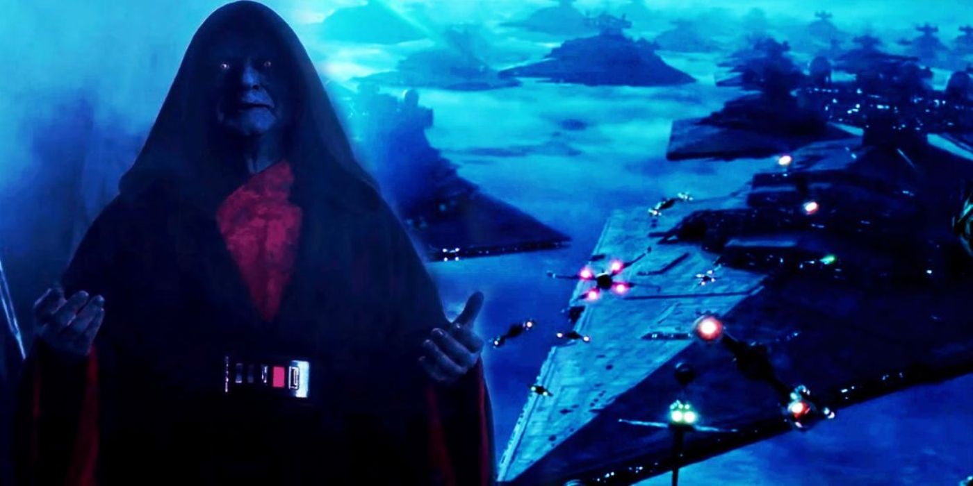 Emperor Palpatine from The Rise of Skywalker standing in front of a fleet of Star Destroyers above Exegol