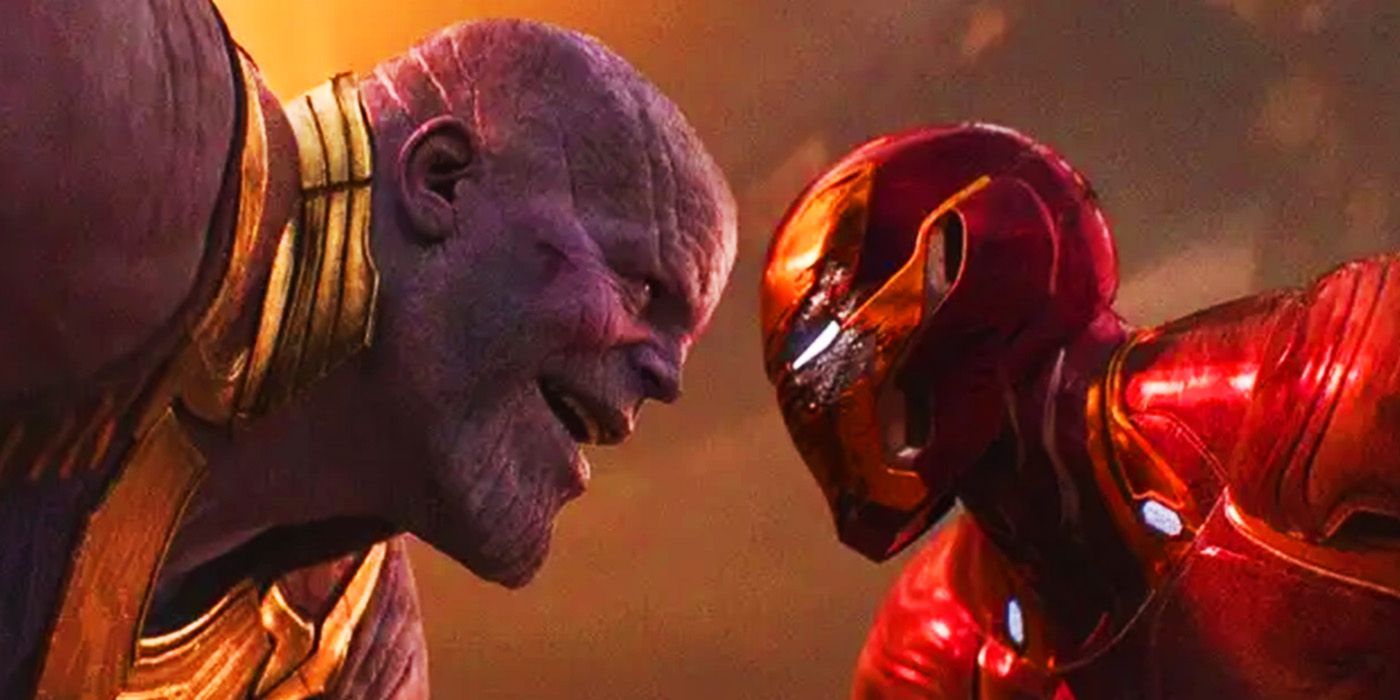 Thanos and Iron Man fighting on Titan in Avengers Infinity War