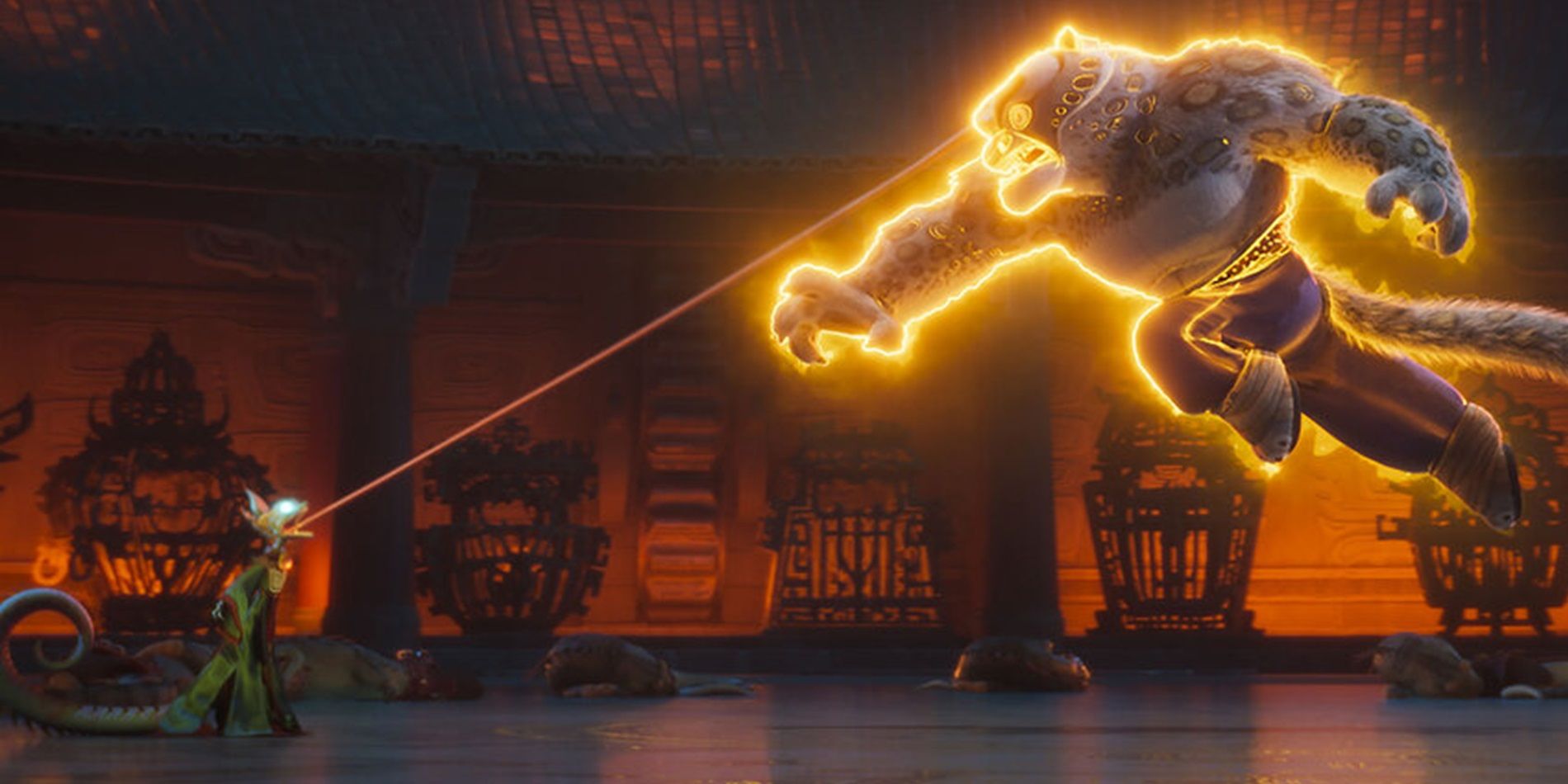 The Chameleon stops Tai Lung in mid-air in Kung Fu Panda 4