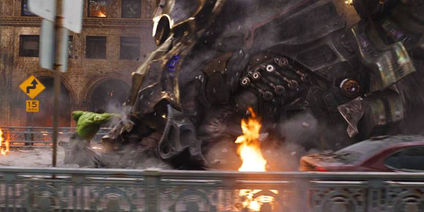The Hulk punching a Leviathan in The Avengers