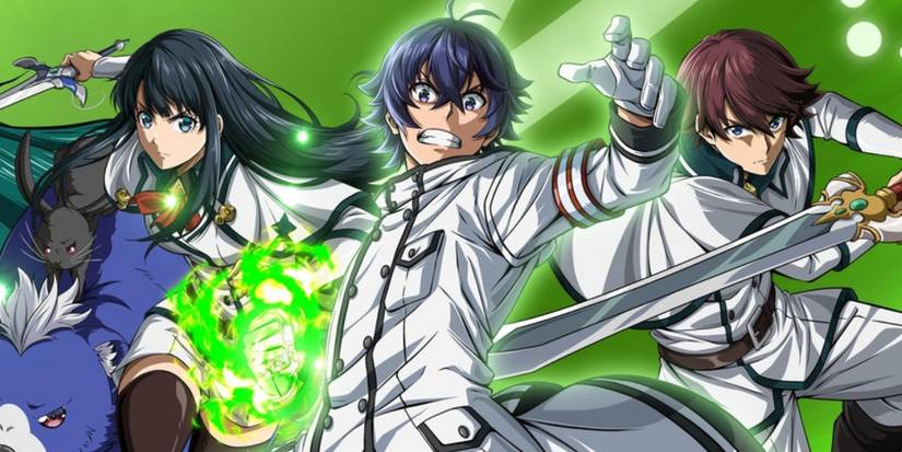 The Wrong Way to Use Healing Magic key anime visual featuring the three main characters against a green background.