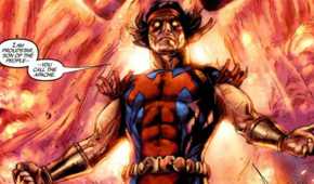 Thunderbird stretching out his arms with an explosion in the background in a comic book panel from Giant-Size X-Men Thunderbird #1