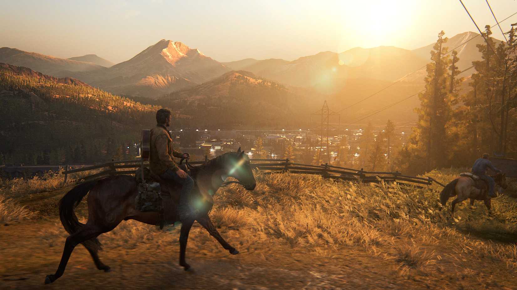 A man, Joel from The Last of Us Part 2, riding a horse, overlooking a town in the distance, tucked into a mountain valley. The sun is beginning to set in the top right corner of the frame, and another man is riding a horse on the right edge of the image.