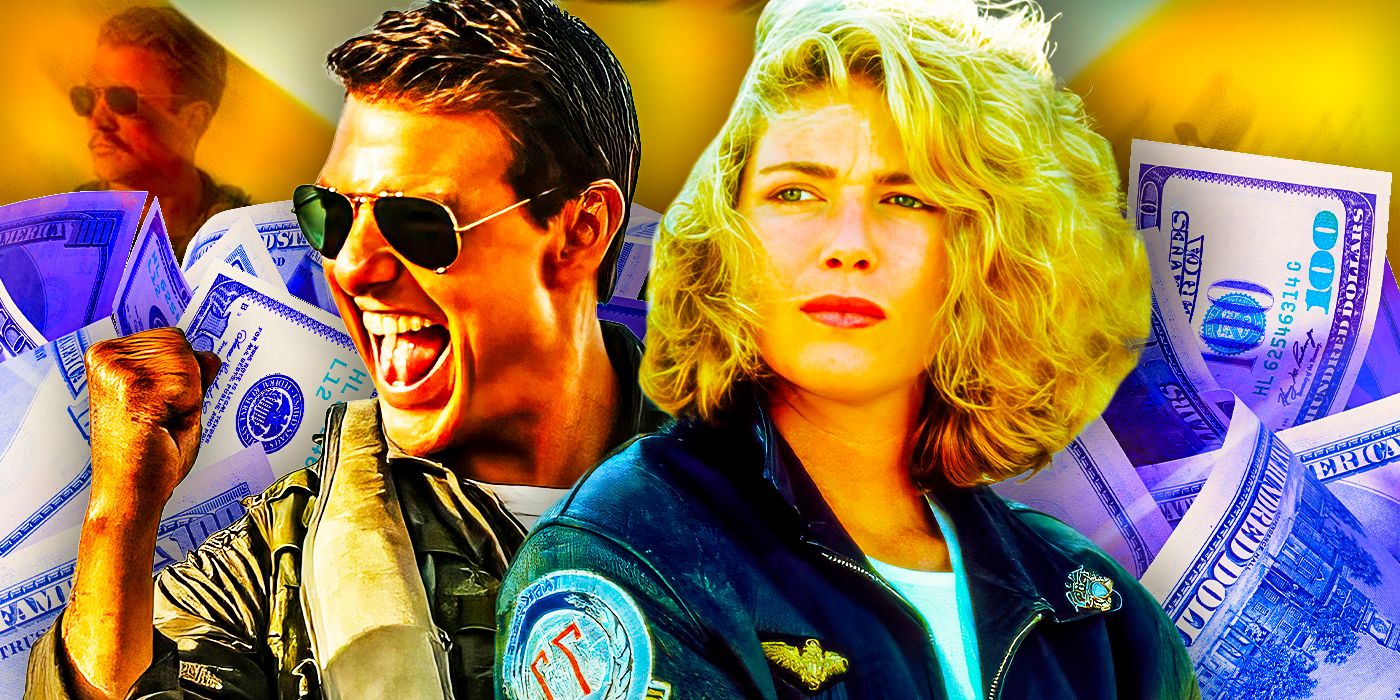 Collage of Tom Cruise as Maverick in Top Gun Maverick and Kelly McGillis as Charlie Blackwood in Top Gun overtop an image of cash