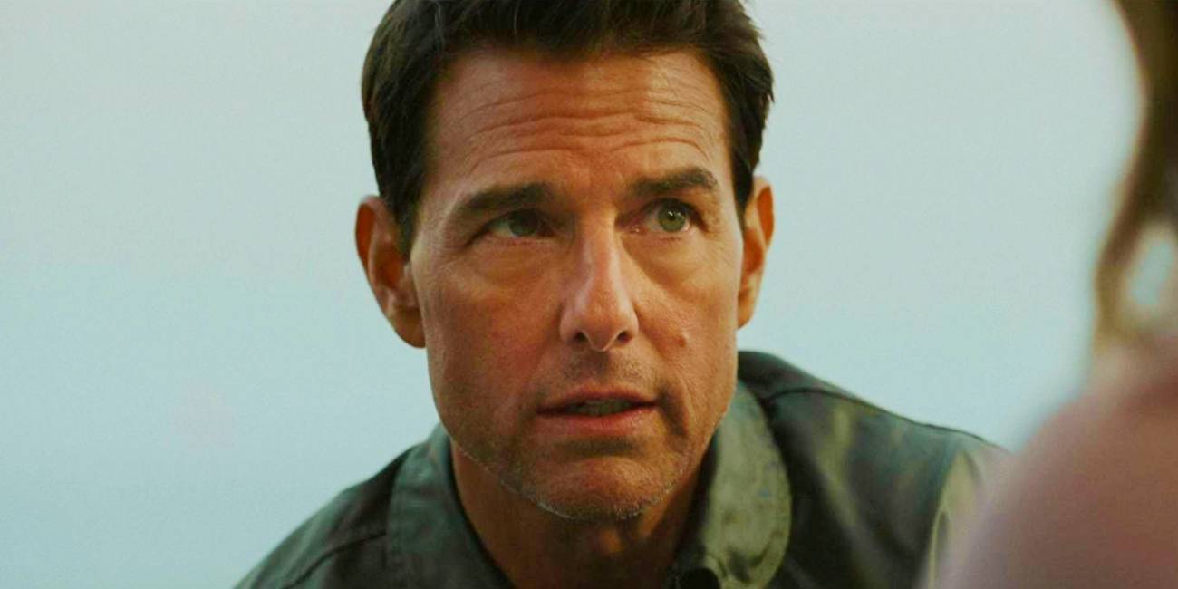 tom cruise looking serious as maverick in top gun maverick