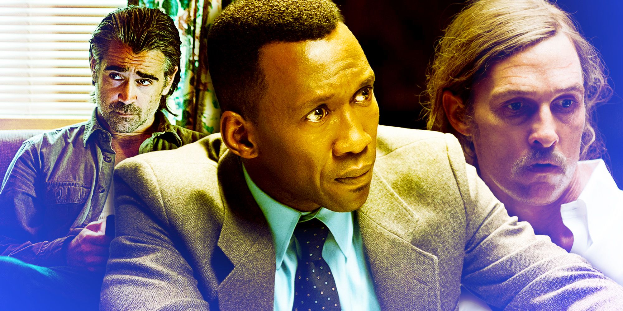 A blended image features Colin Farrel, Mahershala Ali, and Woody Harrelson in True Detective