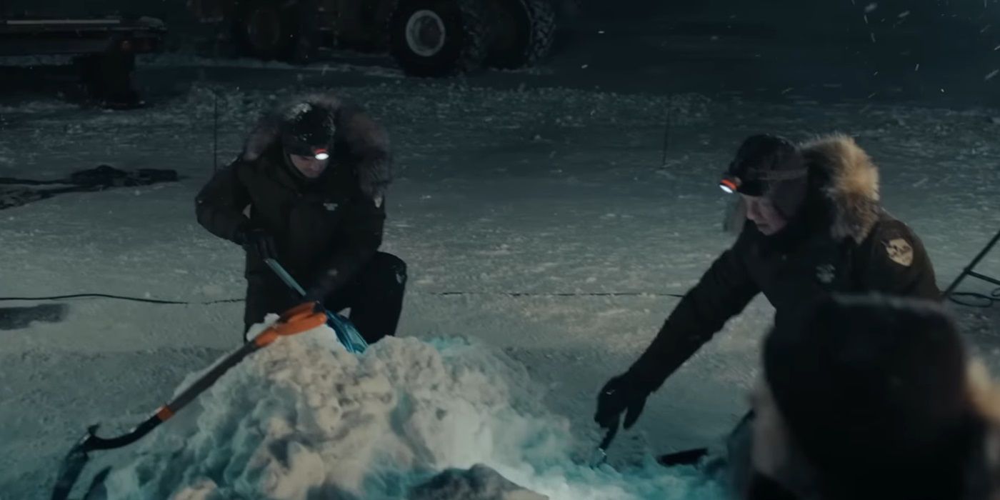 Law enforcement excavating the frozen scientist in True Detective season 4