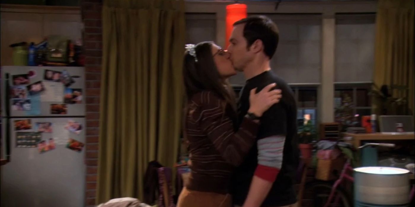 Amy, wearing her tiara, kissing Sheldon in the episode The Shiny Trinket Maneuver