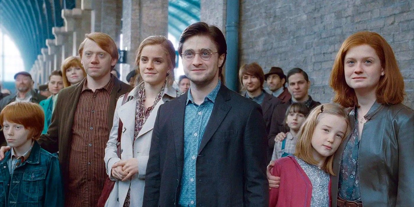 The epilogue of Harry Potter and the Deathly Hallows: Part 2 features Harry, Ginny, Ron, and Hermione with their kids smiling and watching the Hogwarts Express leave the station