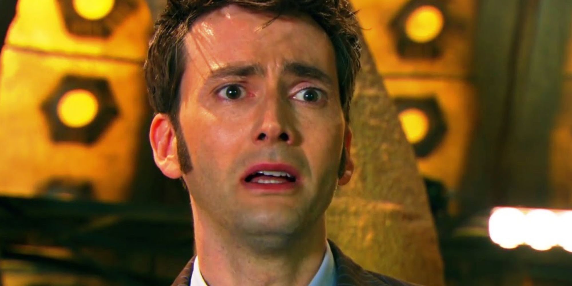 David Tennant looking sad as the Tenth Doctor just before his Doctor Who regeneration scene.