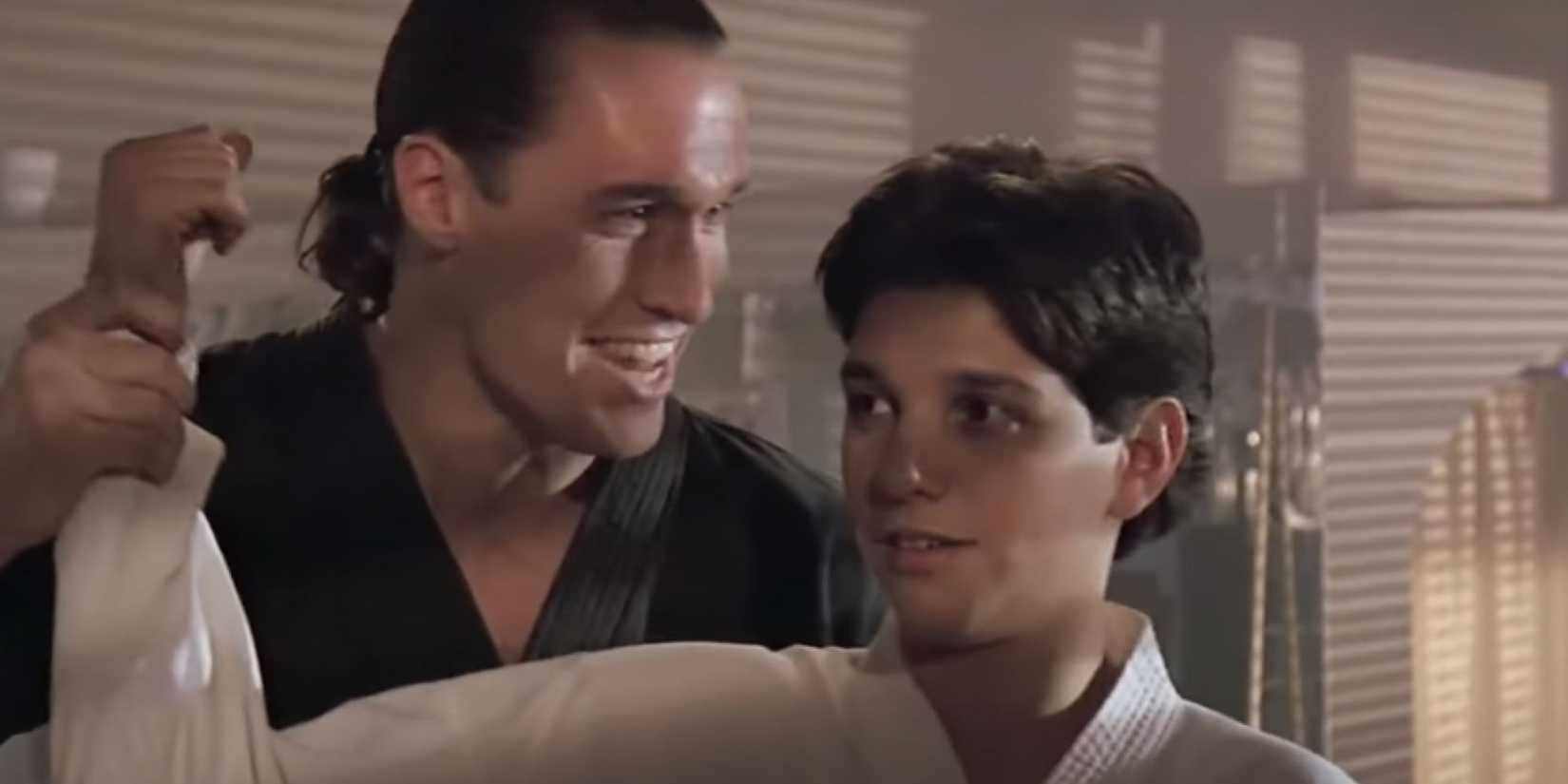 Thomas Ian Griffith as Terry Silver training Ralph Macchio as Daniel LaRusso in Karate Kid 3