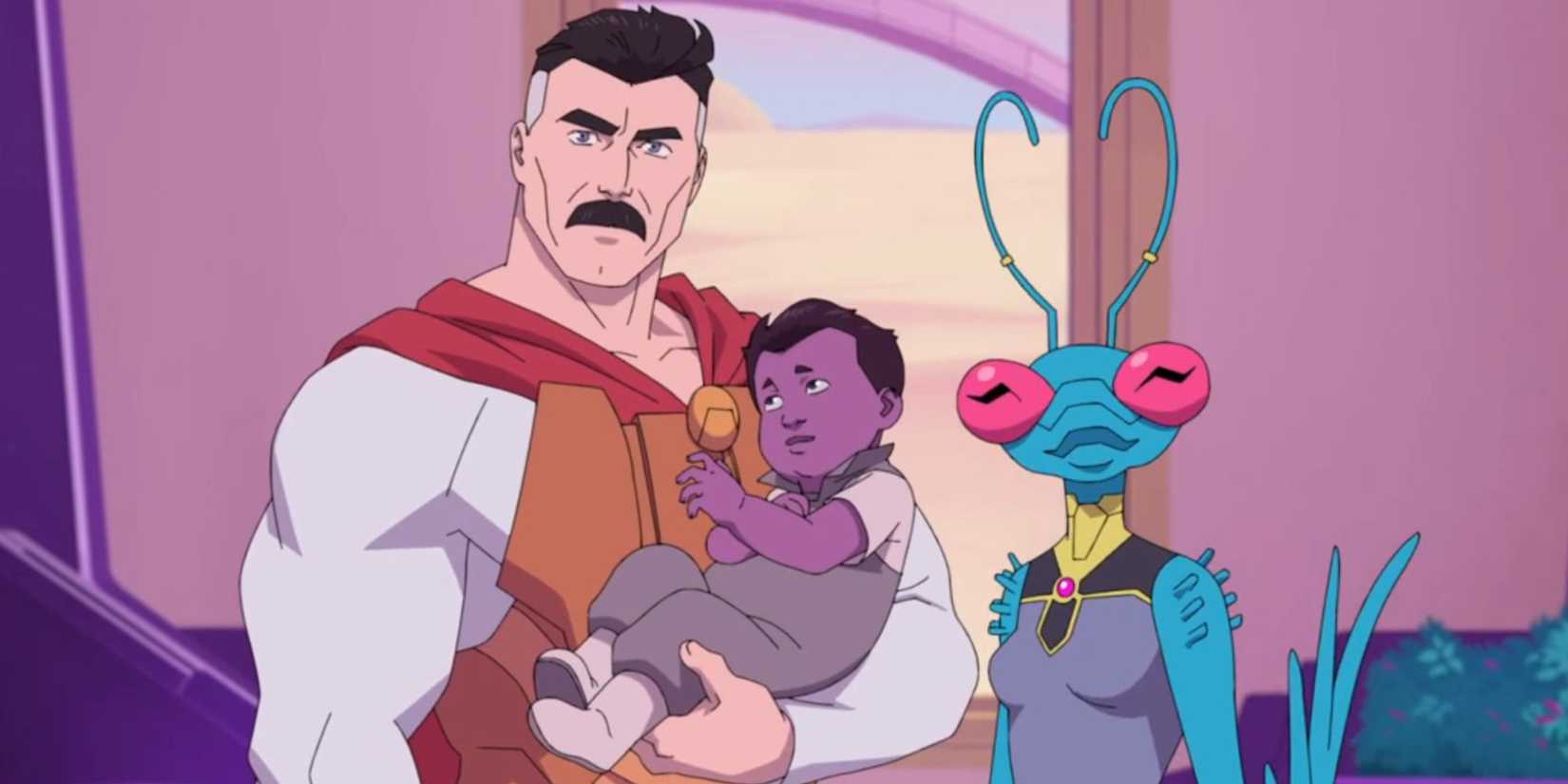 Omni-Man in Invincible holding Oliver as Andressa stands beside them.