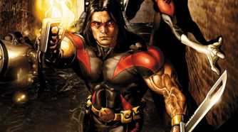Warpath holding vibranium blades in a tunnel in an X-Men comic panel