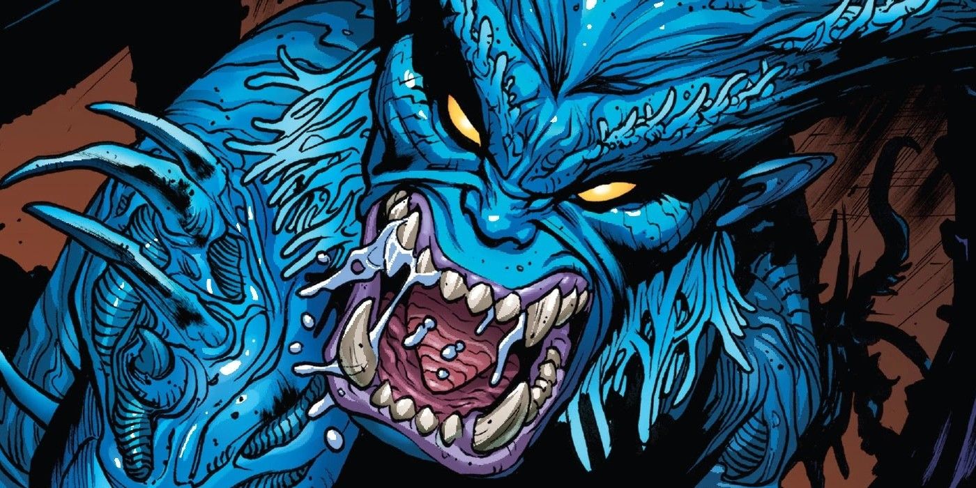 Comic book art: x-men beast roars in a monster-like form.