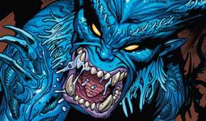 Comic book art: x-men beast roars in a monster-like form.