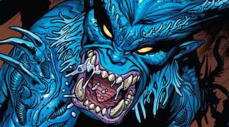Comic book art: x-men beast roars in a monster-like form.