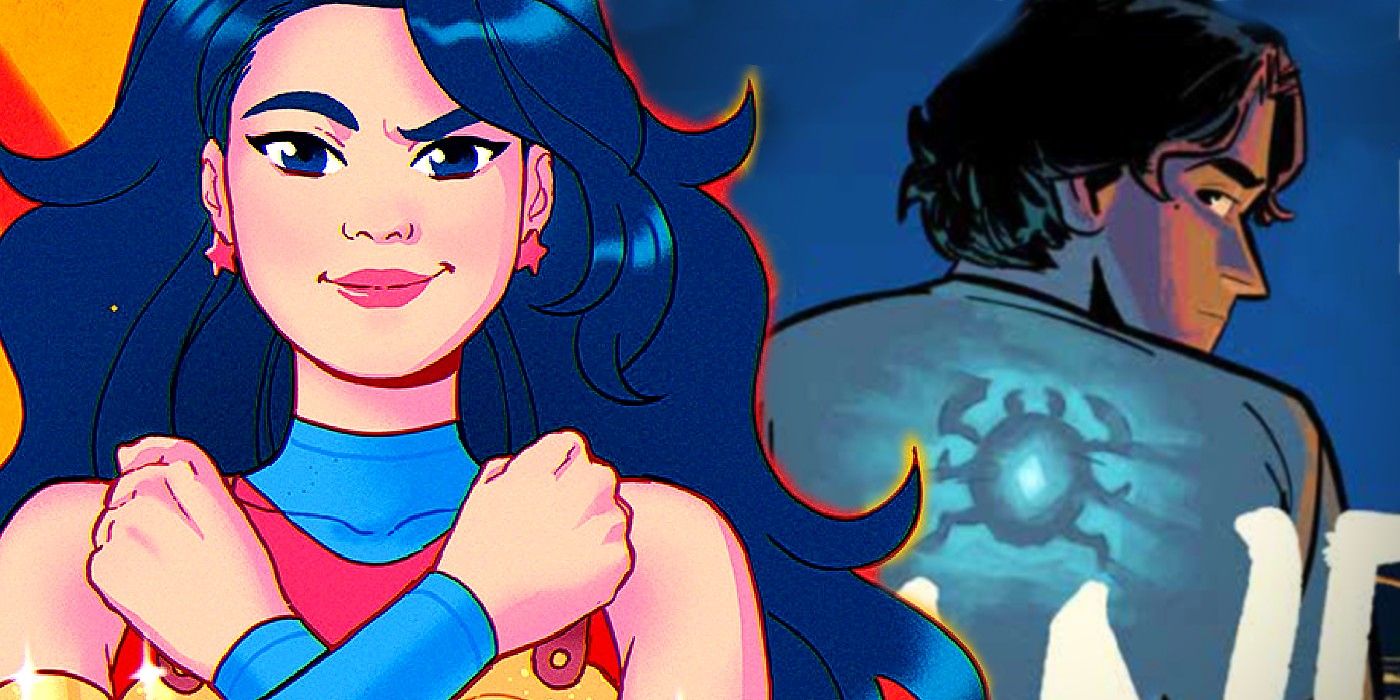 Comic book art: a young version of Wonder Woman and Blue Beetle looking over his shoulder.