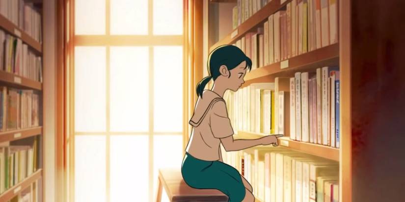 Your Letter manhwa trailer screenshot, showing So-Ri looking for a letter in the school library