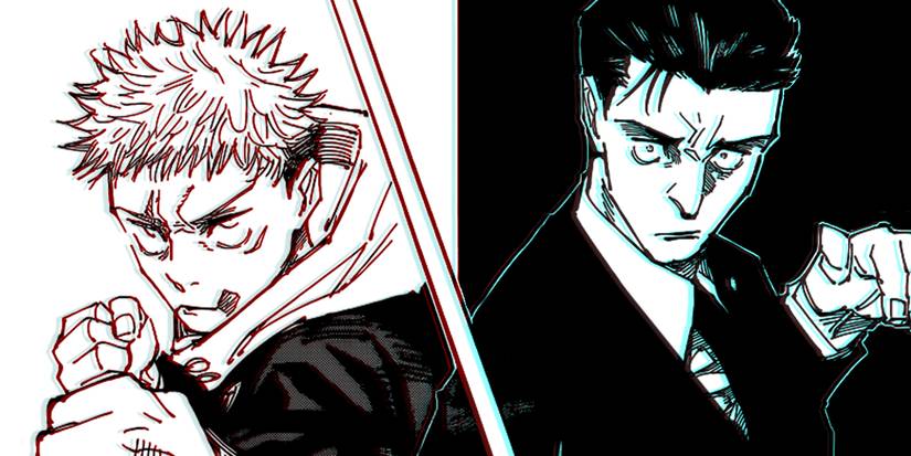 Yuji and Higuruma from Jujutsu Kaisen posed with their backs against each other ready to fight