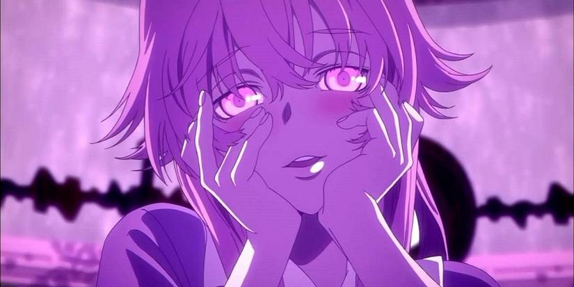 A purple tinted Yuno Gasai from Future Diary holding her face in her hands and looking creepily enamored.