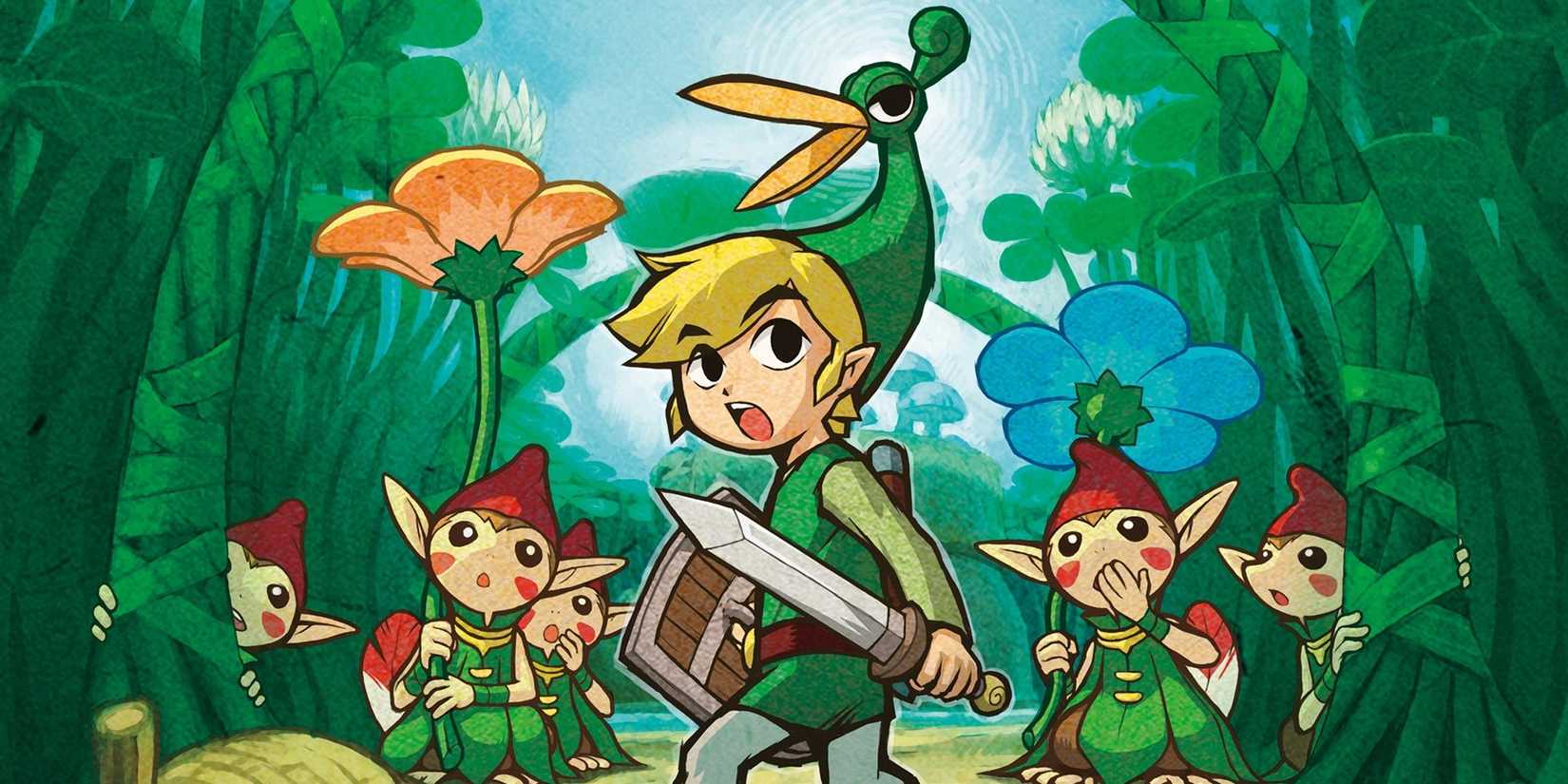 Key art for The Legend of Zelda: The Minish Cap​​​​​​​ featuring a shrunken Mini Link and several Minish.