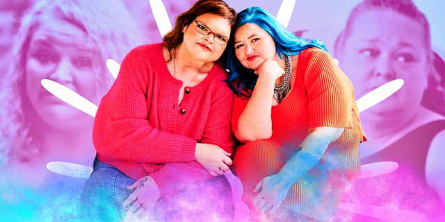1000 lb sisters tammy and amy slaton poding together in red with backround photo of other people