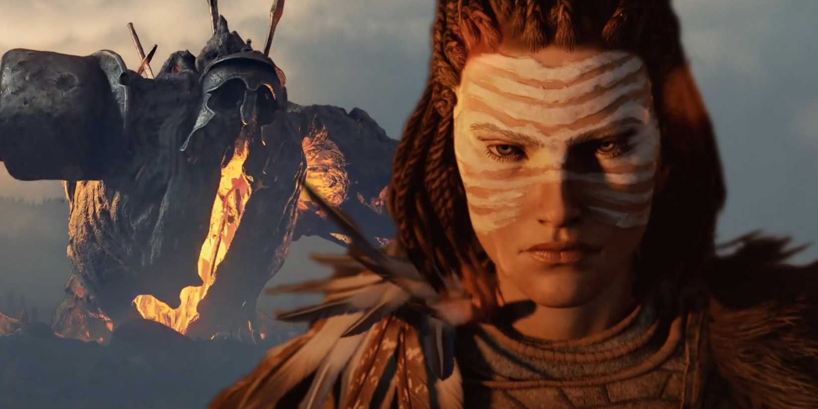 The main character from Greedfall 2 with a giant fiery creature emerging from the ground behind her