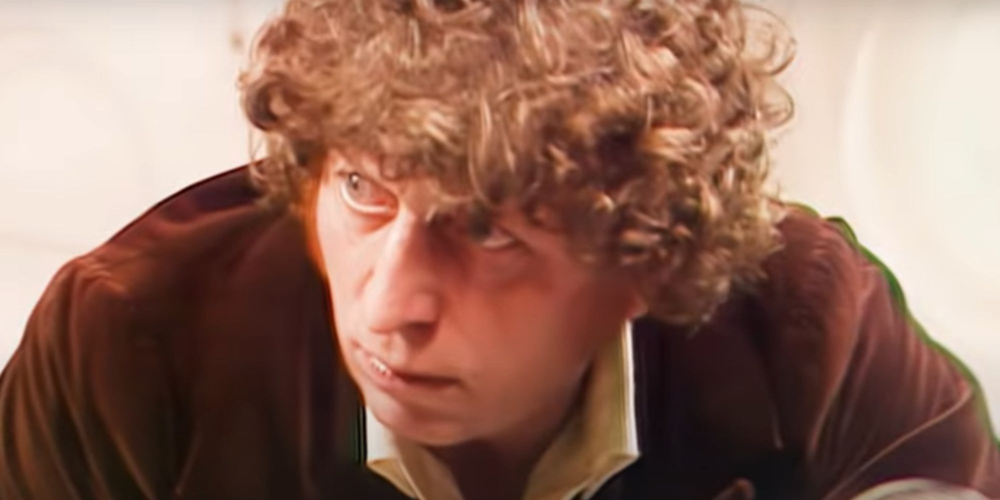 Tom Baker as the Fourth Doctor looking worried in a Doctor Who YouTube short