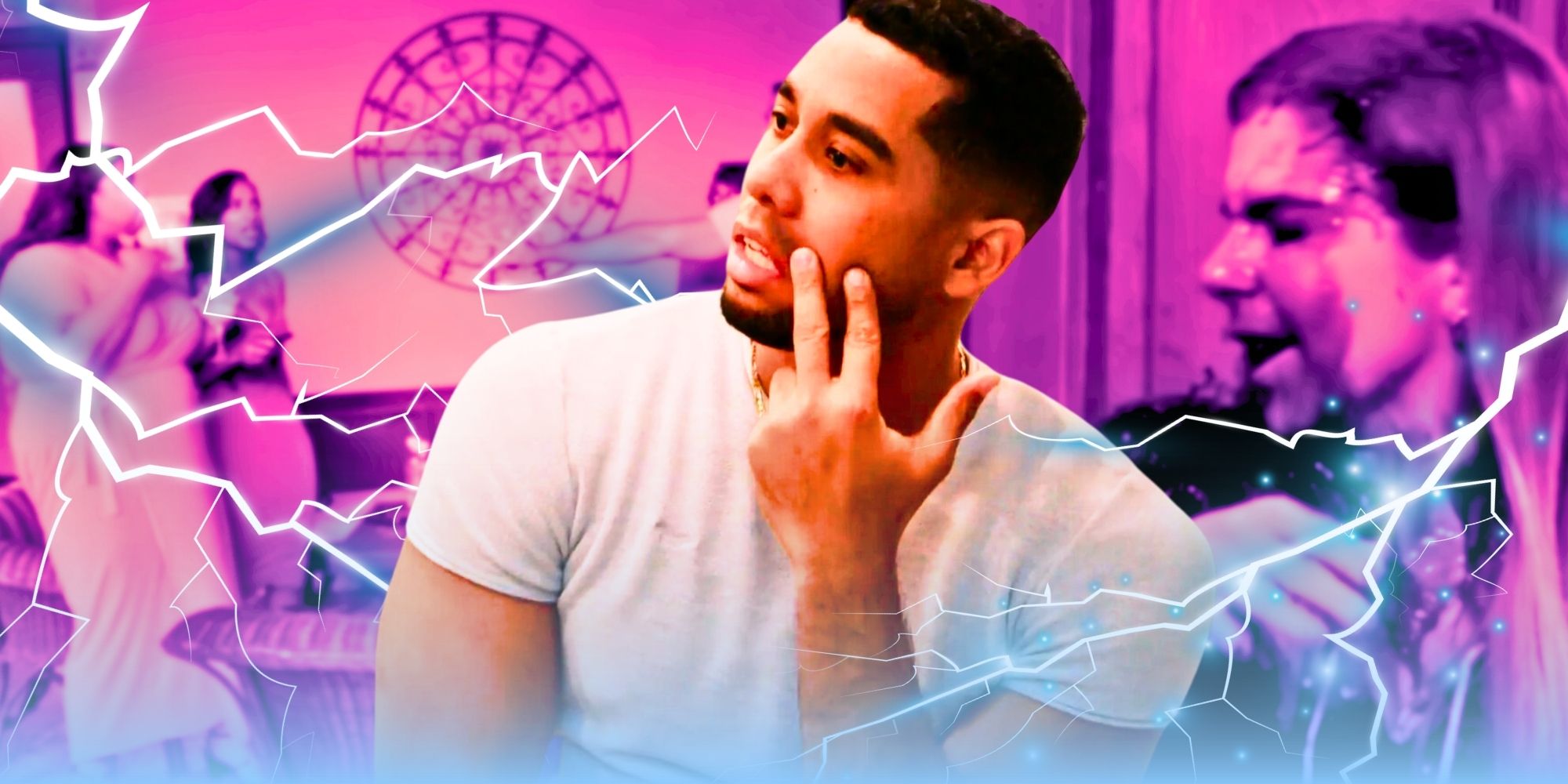 90 Day Fiance Pedro Jimeno with lightening bolt and cast montage background pink and purple filtered