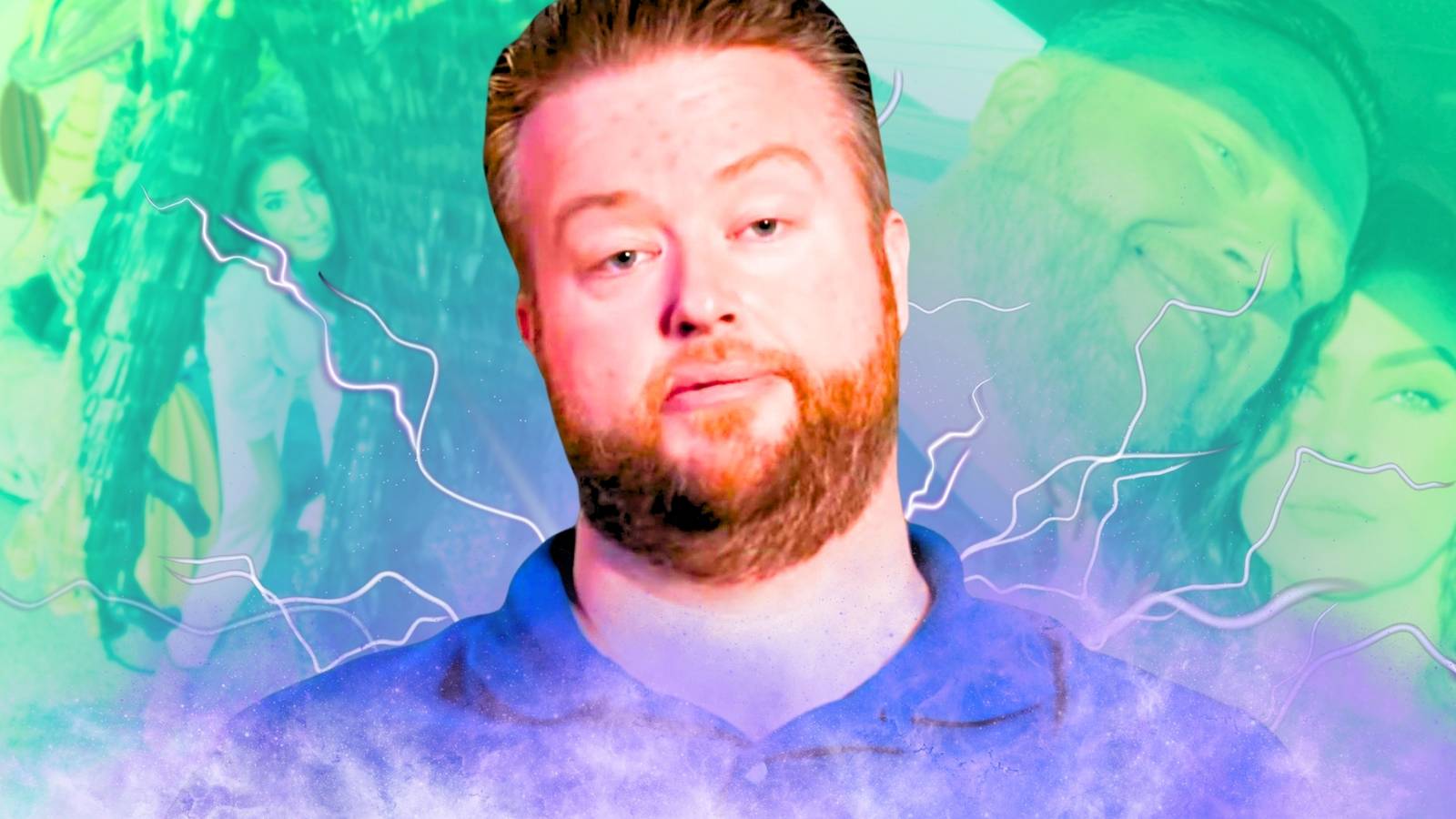 90 Day Fiancé Mike Youngquist in blue shirt with eyes wide and photos of his girlfriend Sara Rose in the back