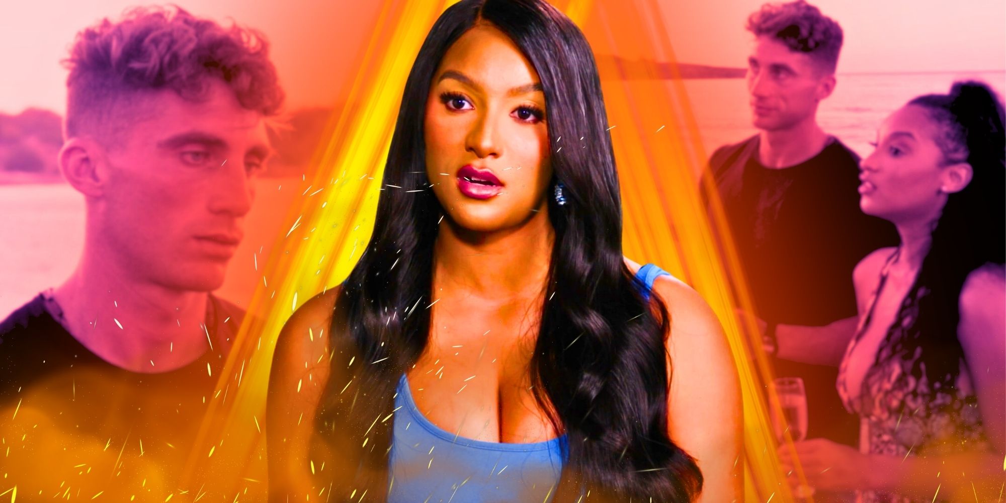 Montage Of 90 Day Fiancé Chantel Everett Giannis with pink filtered background and yellow/orange spotlight on Chantel