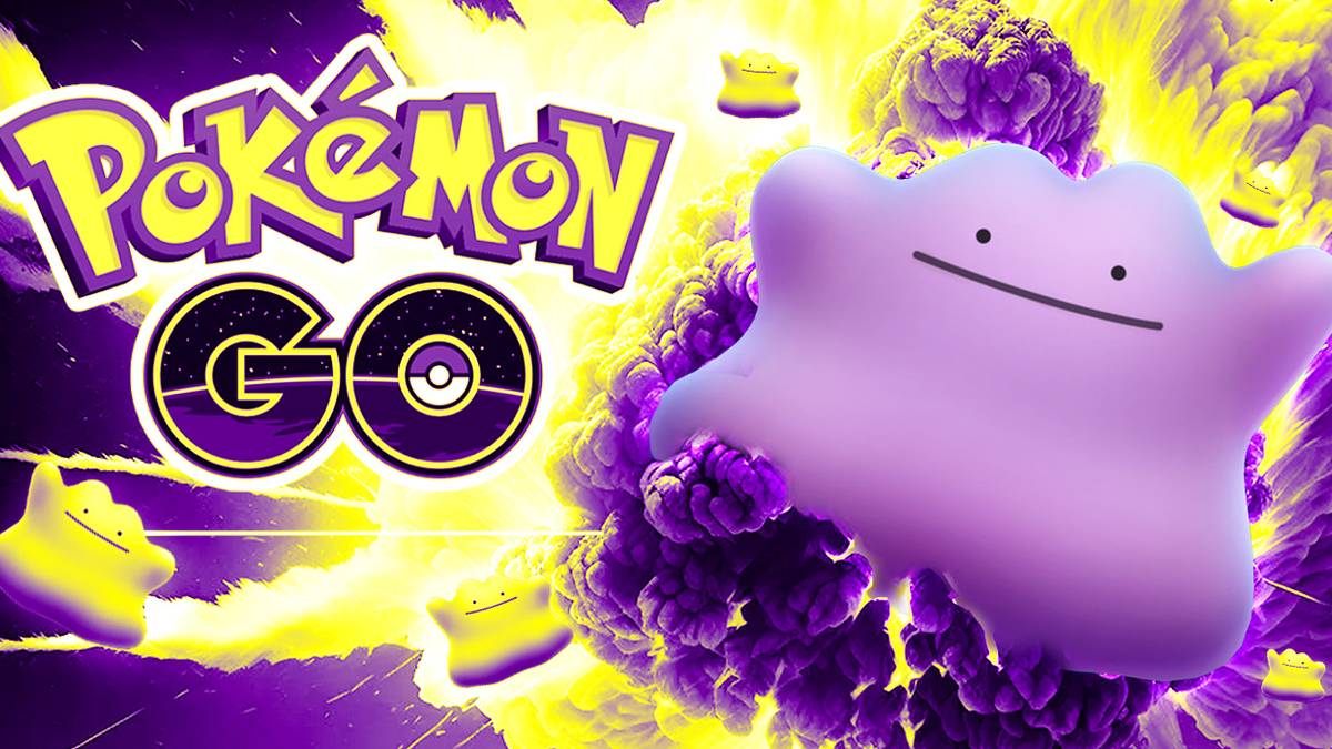 Ditto flies forward behind a purple and yellow explosion, with yellow-tinted Dittos flying off to the sides. The logo for Pokémon GO sits beside the big Ditto.