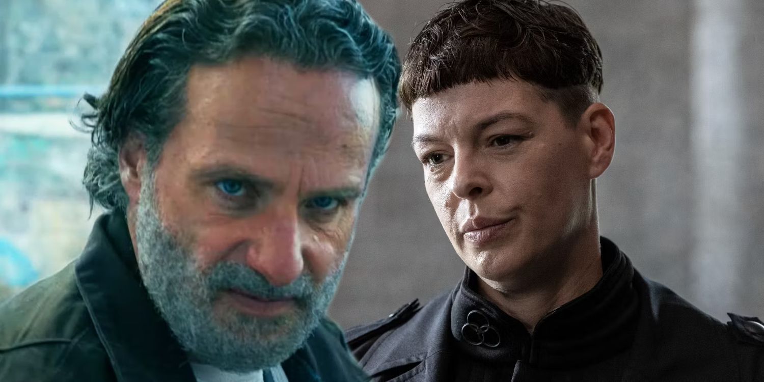 Andrew Lincoln as Rick Grimes looking angry and Pollyanna McIntosh as Jadis looking serious in The Walking Dead.