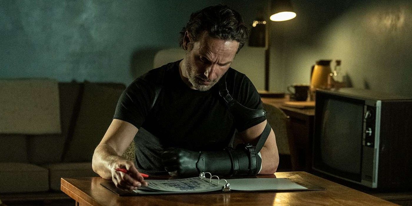 Andrew Lincoln as Rick with a prosthetic arm in The Walking Dead: The Ones Who Live.