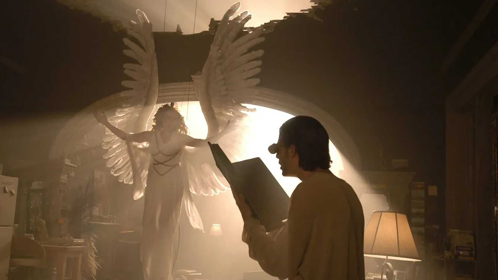 A man looking at an angel