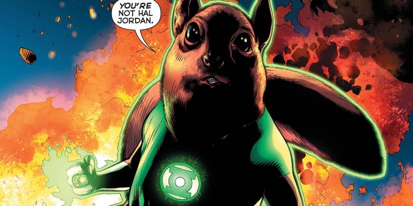 B'dg the Green Lantern flying in front of fire in DC Comics