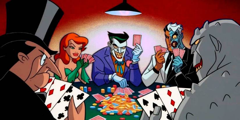 Batman: The Animated Series villains Killer Croc, Joker, Poison Ivy, the Penguin and Two-Face playing poker