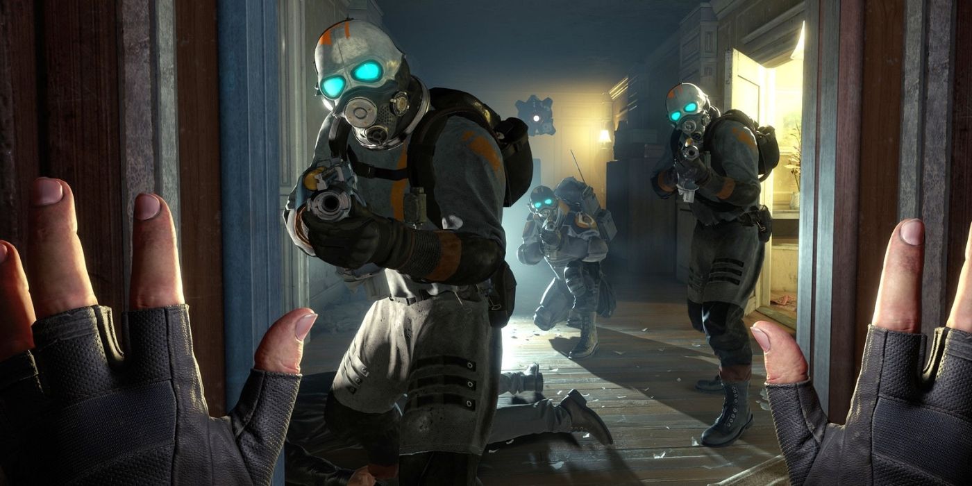 The player holding up their hands with three soldiers in front of them in Half Life: Alyx
