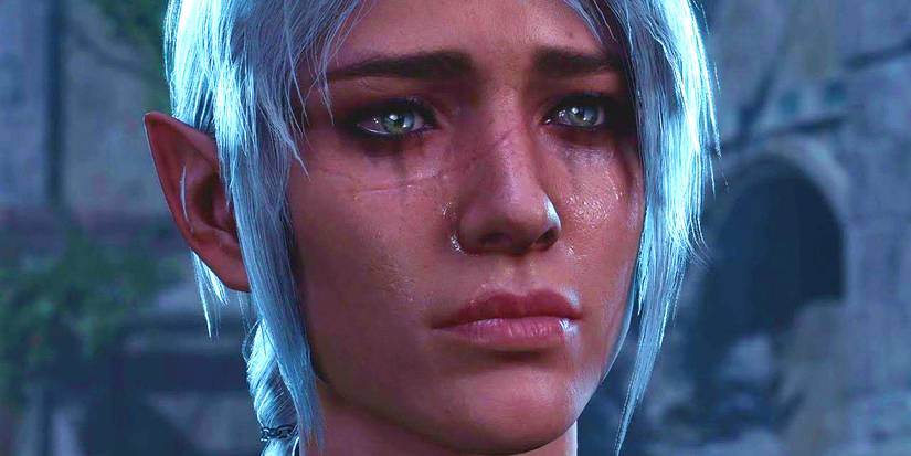 A close-up on Shadowheart from Baldur's Gate 3 with tears streaming down her face.